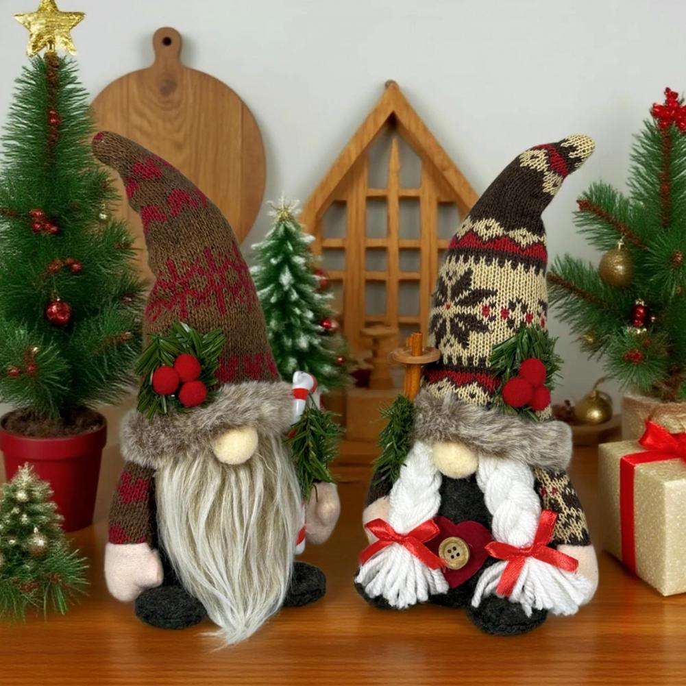Christmas Plush Gnome Decoration Handmade Elf Dwarf Figurine with Knitted Hat Pine Branches Winter Stuffed Swedish Tomte Doll