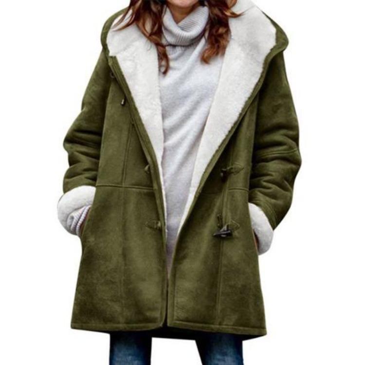 

Women Winter Jacket Mid Length Coat Hooded Loose Plush Soft Thick Windproof Cold Resistant Long Sleeve Buttons Pockets Lady Fall Outerwear 4XL зелений