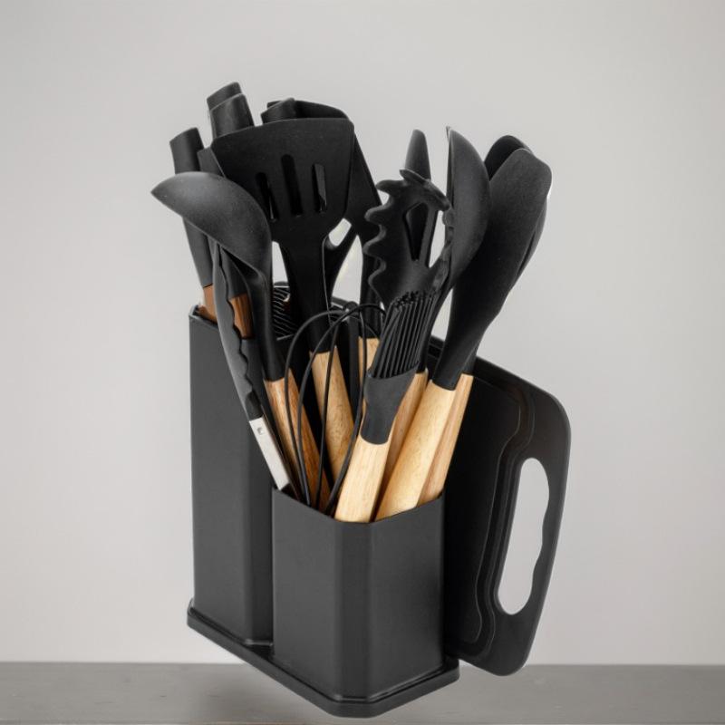 Silicone Kitchenware 19-piece Knife Set Kitchen Tools with Storage Spatula Spoon Scraper Cutting Board black kitchenware 19-piece set