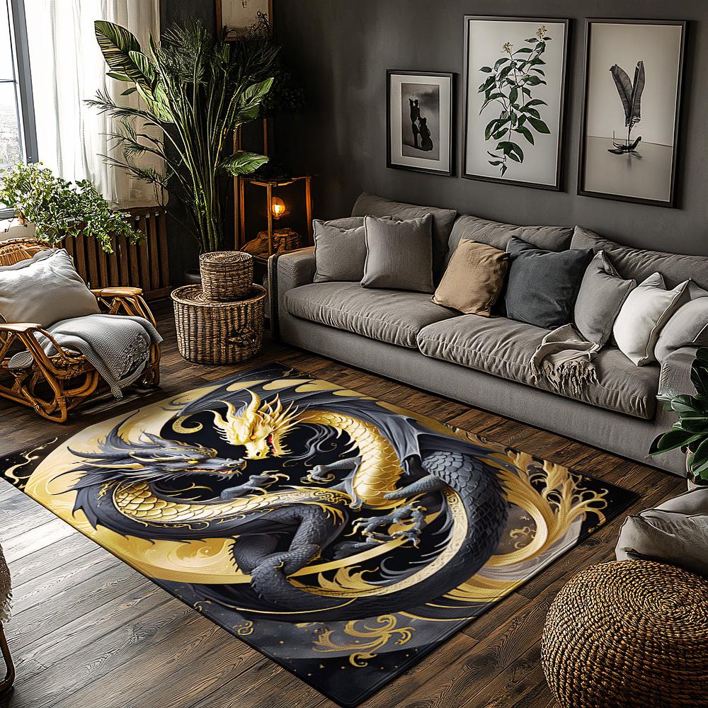 

Epic Dragon Twin Rug, Black Gold Mythical Carpet for Living Room, Plush Non-Slip Sofa Mat with Oriental Legend Decor 50x80cm