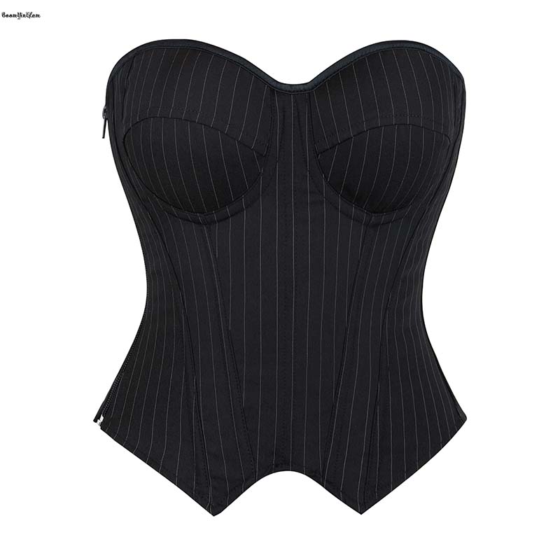 Available Women Back Drawstring Tie Corset Office Style Fashion Crop Top Stripe Padded Bra Bustier With Zip