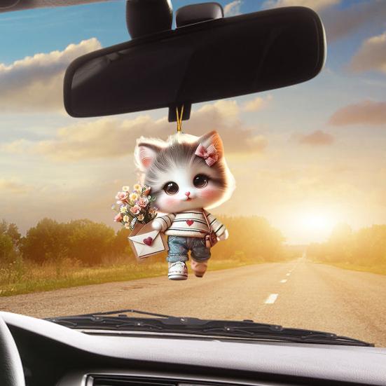 Dog Cat Car Charm Acrylic Rearview Mirror Pendant Cute Backpack Keychain Unique Shape Car
