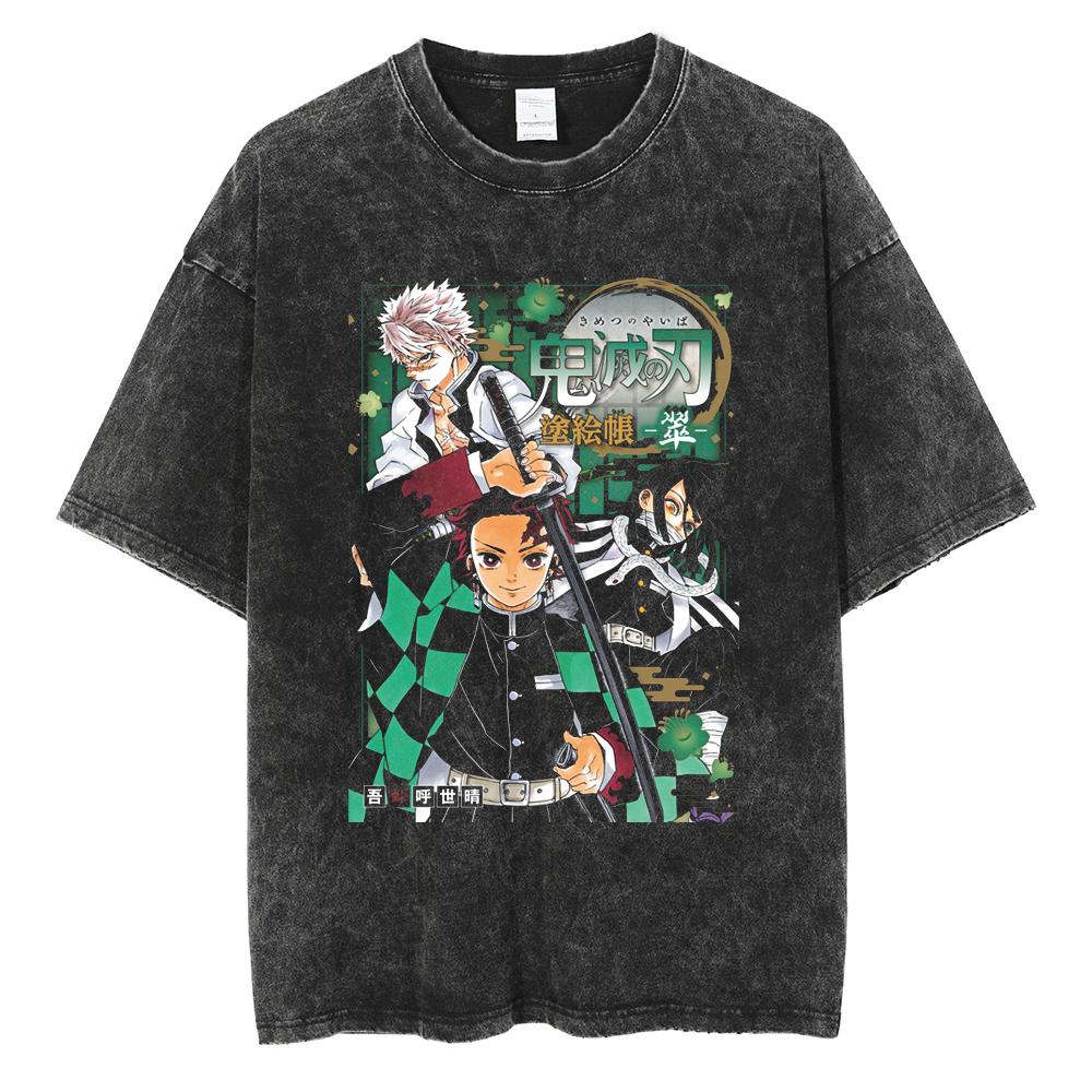 Anime Demon Slayer Kamado Tanjirou Printed T Shirt Men Women Washed Cotton Tshirts Manga Casual T-shirt Harajuku Male Tops
