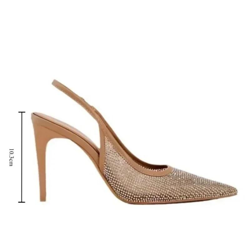 Móda 2024 Léto Dámské Sandály na Vysokém Podpatku Špičaté Pásek Přes Patu Jasné Diamanty Slingback Jehlové Podpatky Dámské Párty Svatba Boty
