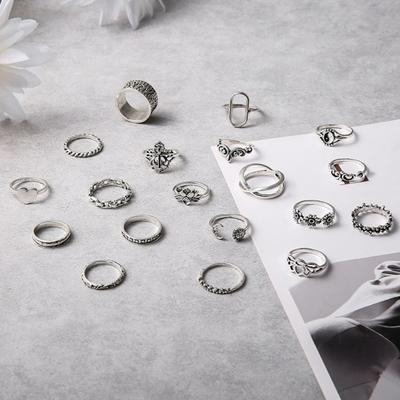 19 Teile/satz Retro Hohl Lotus Blume Herz Form Ring Set Ästhetische Emaille Silber Farbe Knuckle Ring Schmuck Geschenk