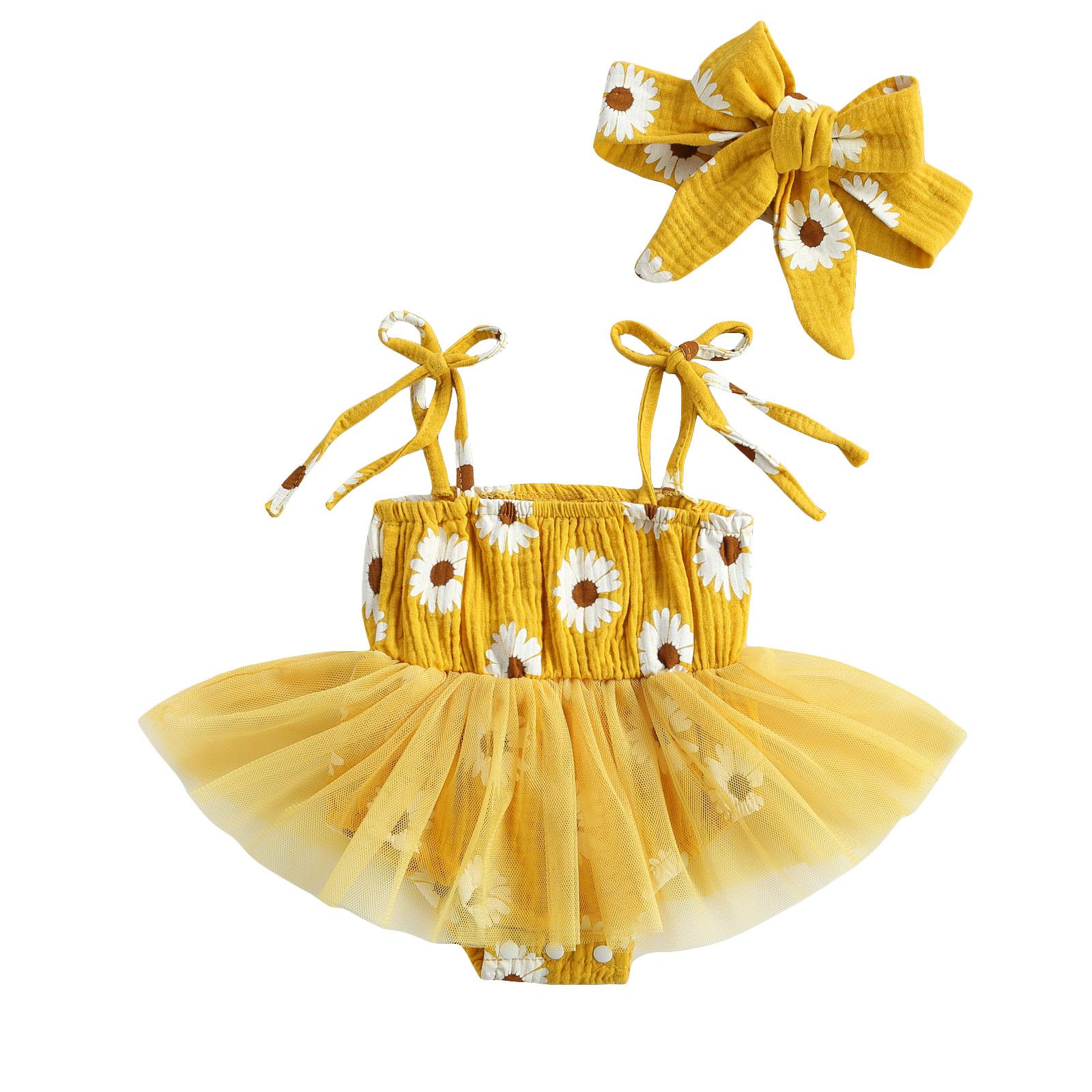 

Комбинезон на шнуровке для девочек с подвязками и принтом в виде свежей ромашки, сетчатая пряжа, комбинезон и повязка на голову 3-6 Months