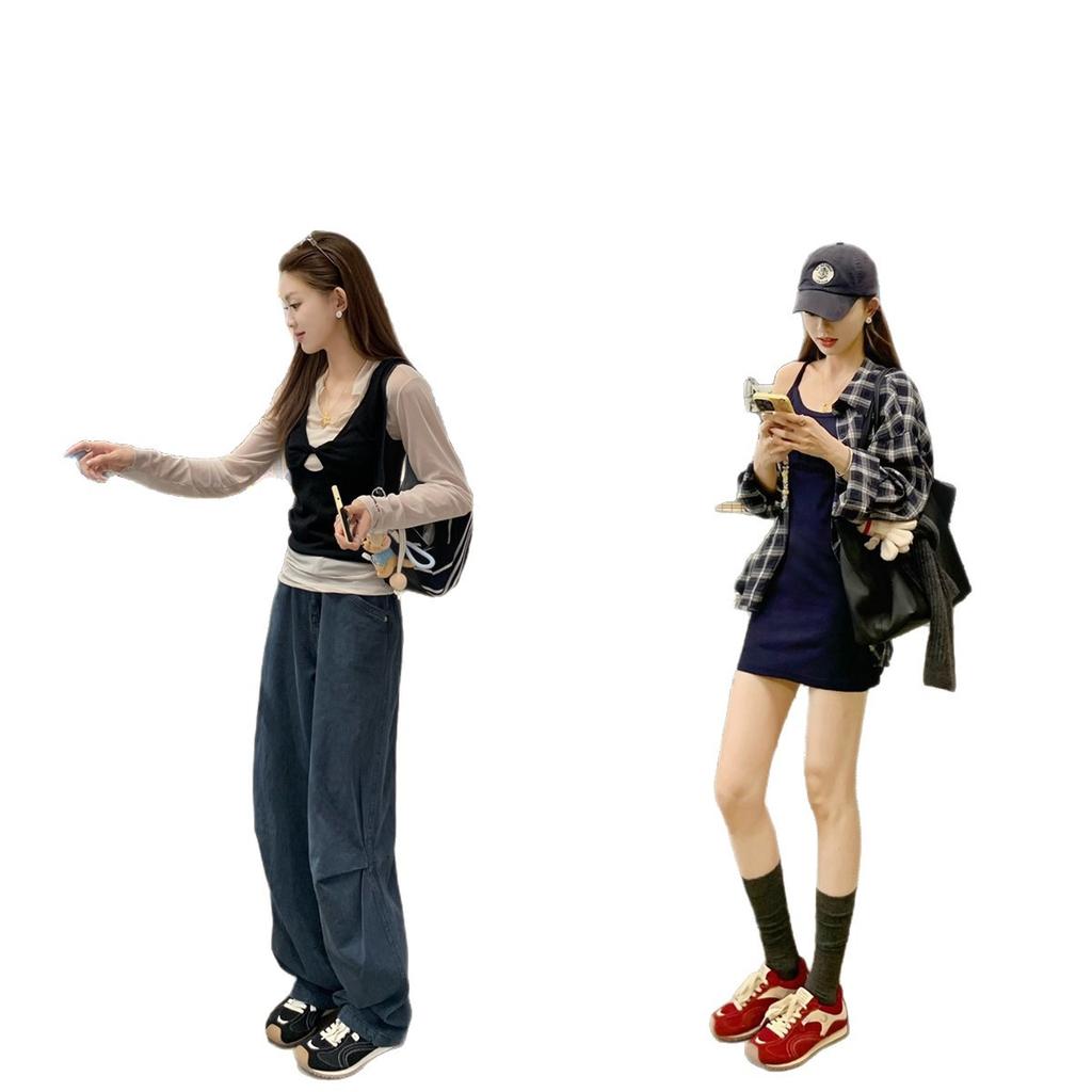 Cowhide version of grape mother, the same fashionable crooked head mesh lace-up inner height increase versatile moral training casual board shoes wom