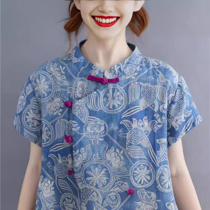 Retro Print Ethnic Style Plus Size Cheongsam Dress for Women