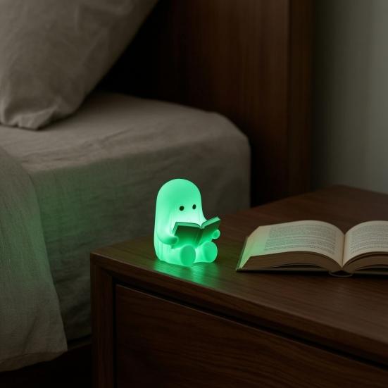 Ghost Reading Book Figurine, 3D Printed Cute Mini Sitting Ghost Statue for Halloween Bookshelf, Desk, Indoor Home Decor
