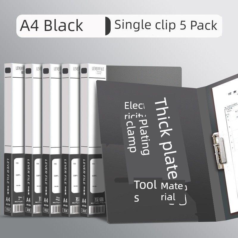 Double Clip File Folder A4 Paper Storage Clip Contract Clip Paper Fixing Clip Storage Book Organize Fantastic Students  Use Test Paper Folder Plastic [Thickened Model-Single Clip] Black 5 Pieces