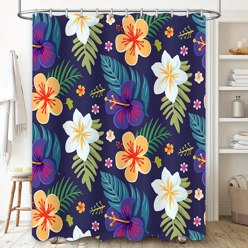 Tropical Flowers Bath Shower Curtain Waterproof Polyester Home Decor Customizable Size High-Quality Printing Blue