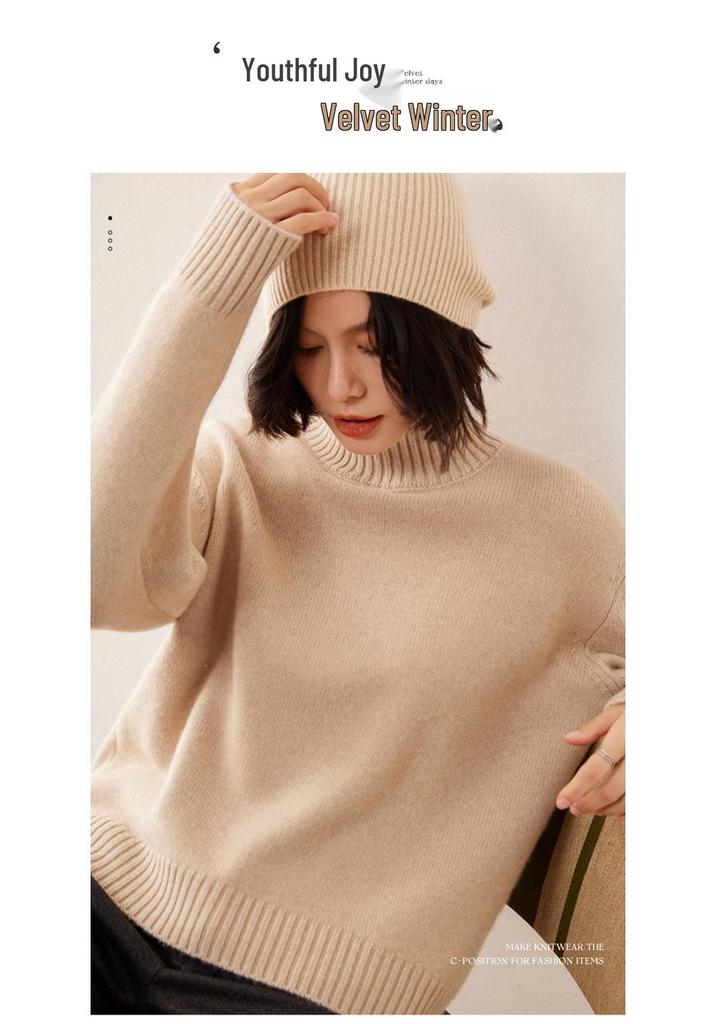 Women's 2025 Fashionable Cashmere Pullover: Long Sleeve, Autumn/Winter, Thick Warm Soft Half-High Collar Loose Knitwear.