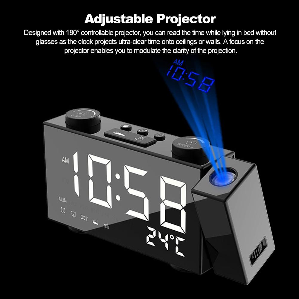 Dijital Çalar Saat Çift Alarmlı Erteleme Fonksiyonlu LED Projektörlü FM Projeksiyonlu Radyo USB/Pille Çalışır