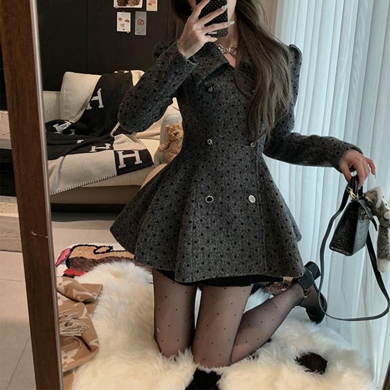 Womens Polka Dot Blazer Dress Long Sleeve A-line Skirt Double Breasted Waist Slim Short