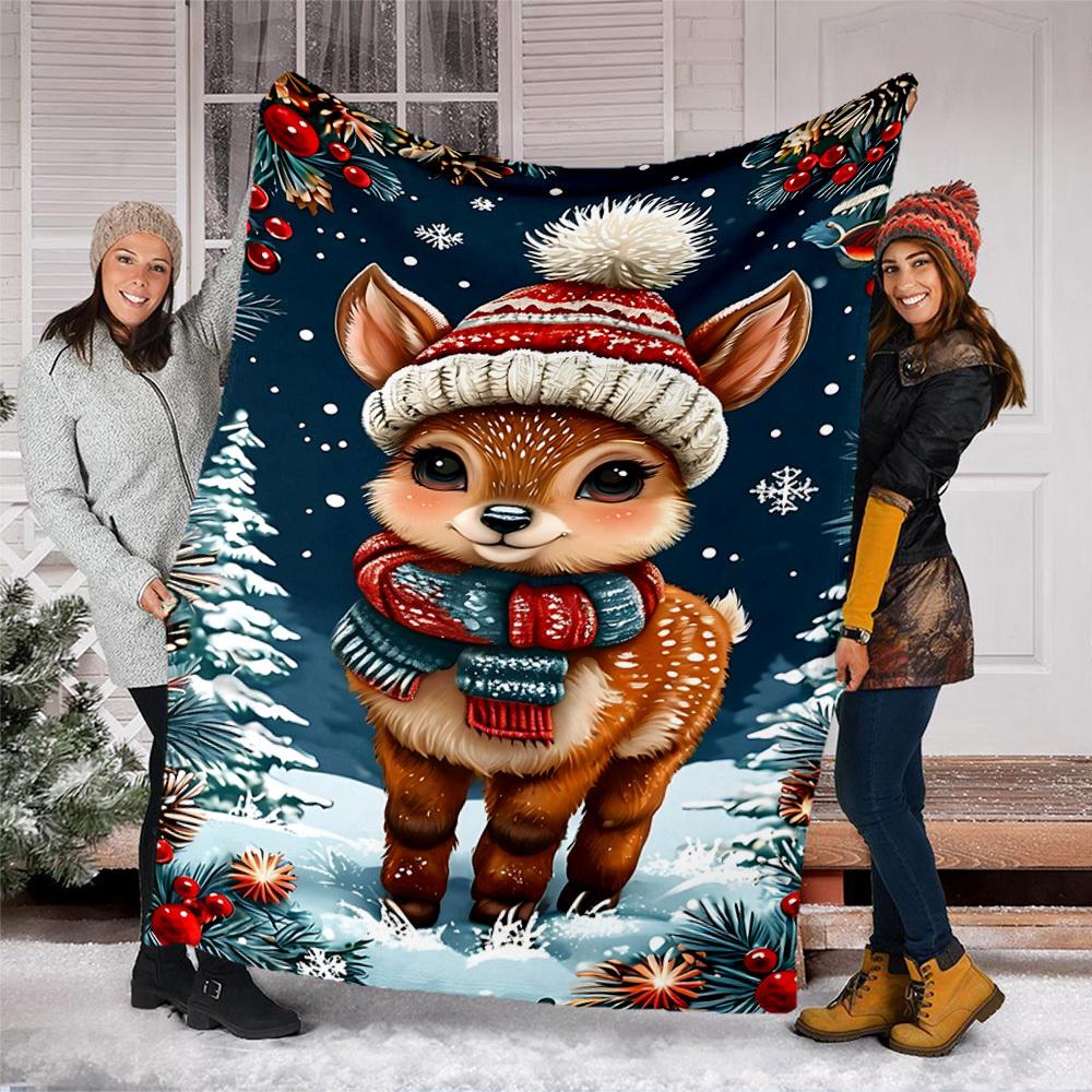 1pc Winter Deer Outdoor Personalized Flannel Blanket, Soft, Lightweight Personalized Flannel Blanket, Digital Printing,