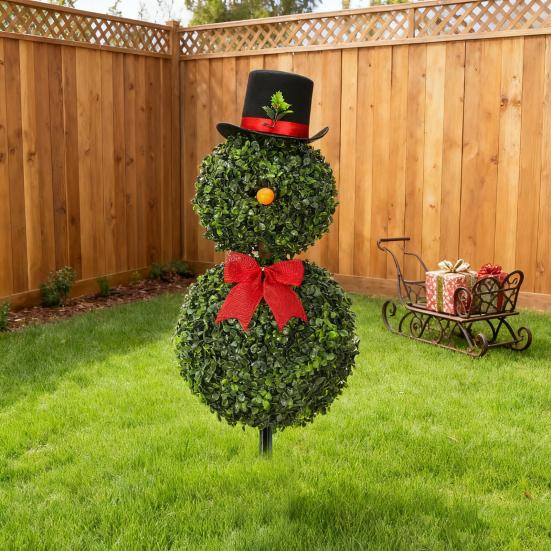 Christmas Snowman Topiary Artificial Snowman Shaped Topiary Tree with Bow And Hat Outdoor Boxwood Topiary with Stake for Home Porch Decor