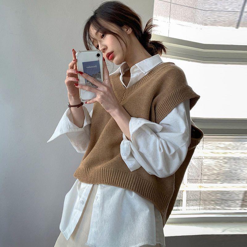 

Korean Chic Early Spring Versatile Long-Sleeve Shirt & V-Neck Knit Vest Set for Women S