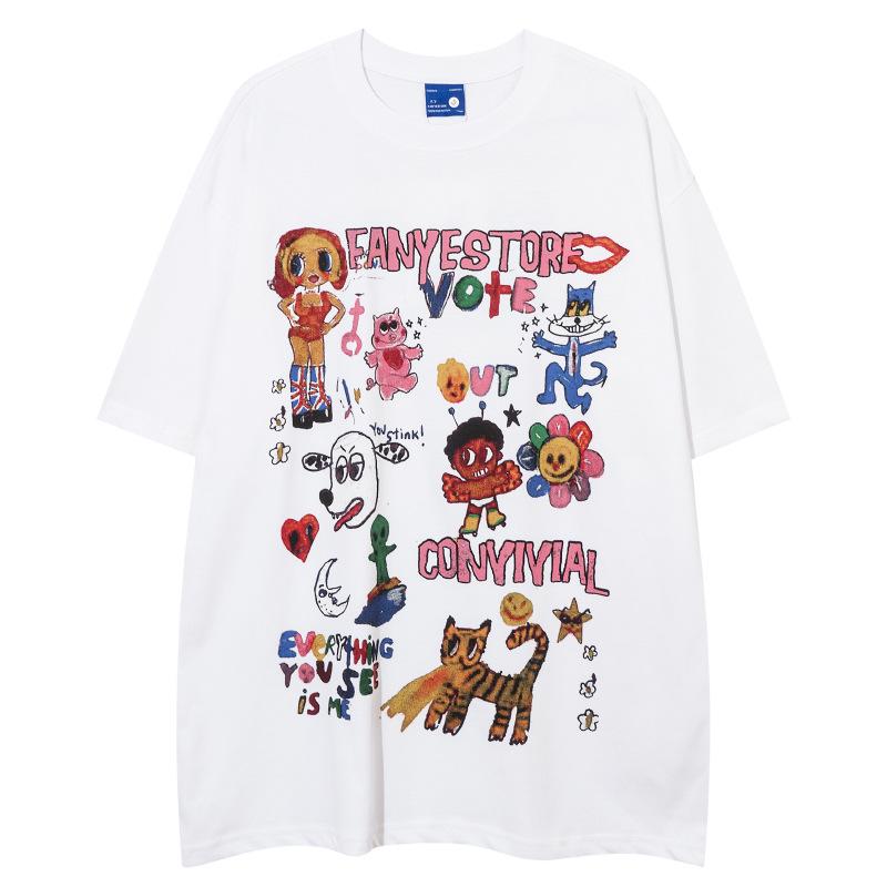 

YPRS Unisex Retro High Street Fun Print Summer T-Shirt - Loose Fit for Couples 2XL белый