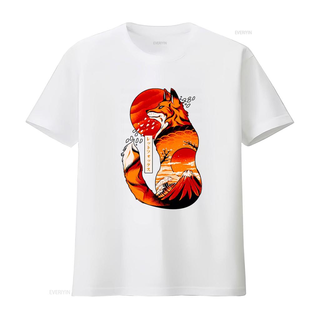 Japanese Fox Print T Shirt for Cool Vintage Washed Slightly Breathable Unisex Casual Soft Designer Clothes Streetwear