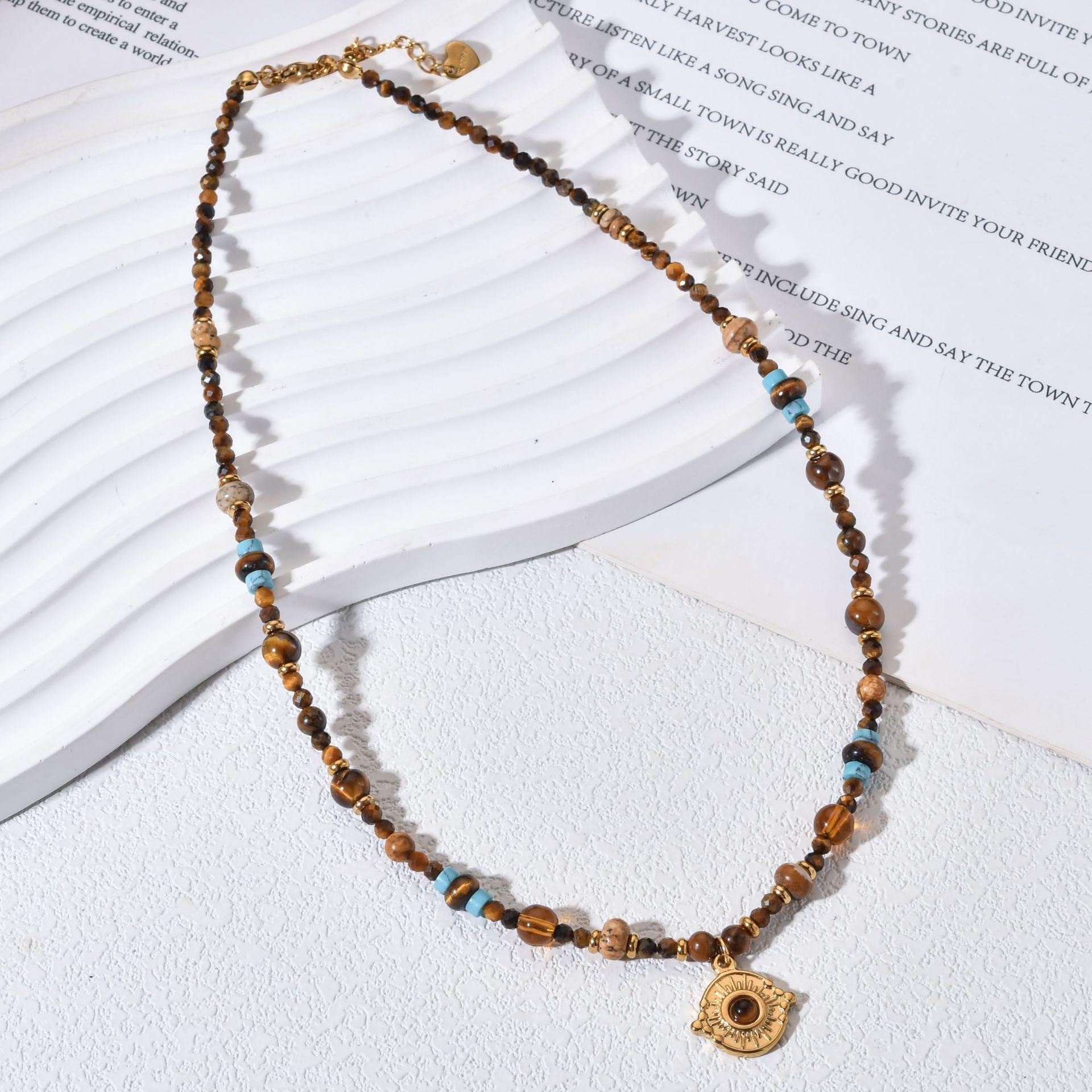 Tiger Eye Stone  Stainless Steel Sunflower Pendant Necklace - Retro Light Luxury Style for Women
