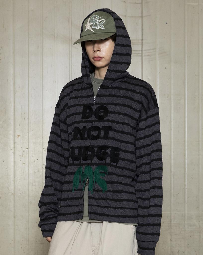 GLACK Gnt054 Slogan Stripe Cable Hooded Zip-Up Knit (Charcoal)