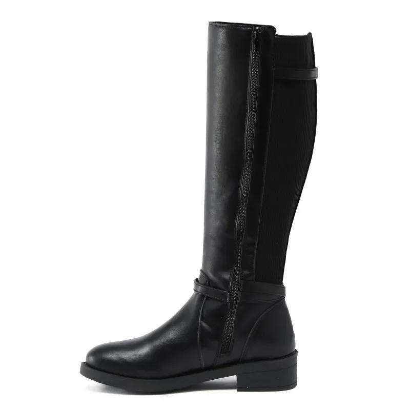 Damenstiefel aus Leder mit klobigem Absatz, lange Stiefeletten, kniehohe Stiefel für Damen, Winterschuhe, Schlabberstiefel für Damen, breite Wade