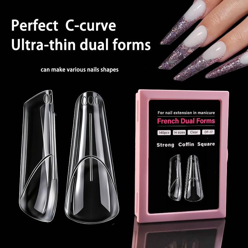 140 Stück/Karton Französische Nagelpanzer-Modelle Dual-Form Quadratische Mandel-Nagelverlängerungsformen Stereoskopische Verlängerung Obere Weiche Nagelformen