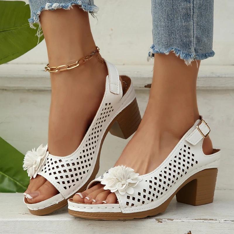 Fashion Summer Sandles for Women Fashion Flowers High Heels Sandals Women Back Strap Hollow Out   Plus Size Thick Heeled Sandalias Mujer
