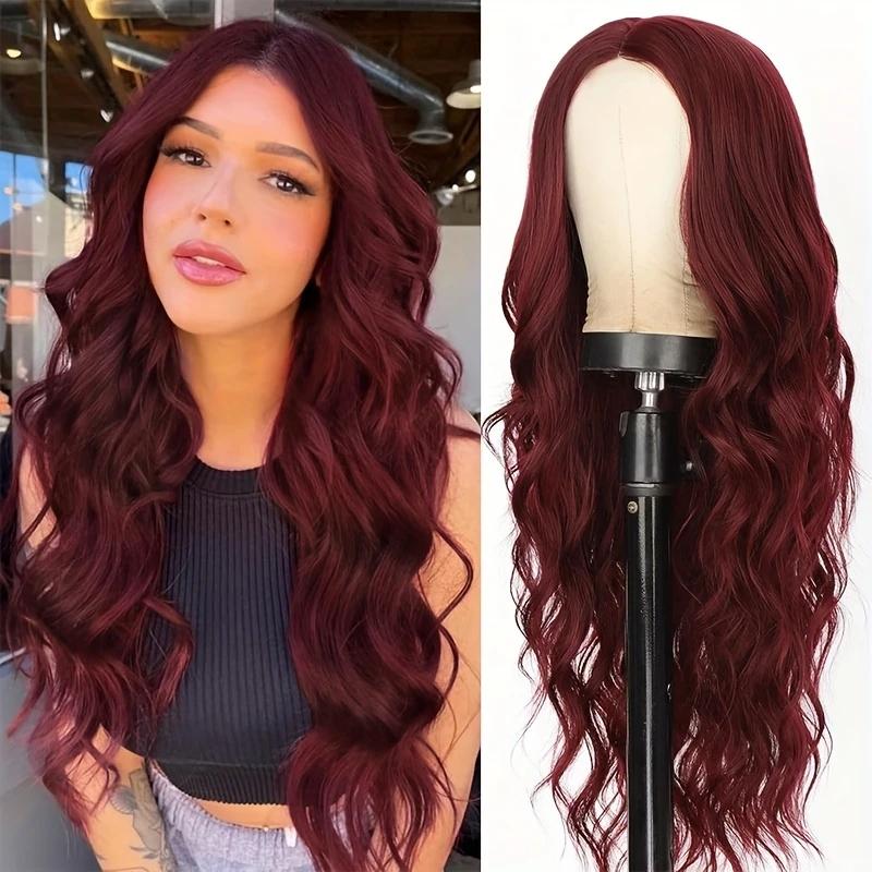 Perruque synthétique couleur vin rouge avec de longs cheveux bouclés et une frange pour un usage quotidien et festif. Fabriqué en fibre capillaire haute température. 26inches brown