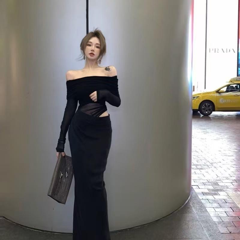 

High-end mesh splicing long-sleeved dress women s spring temperament black hollow waist slightly transparent shoulder dress S
