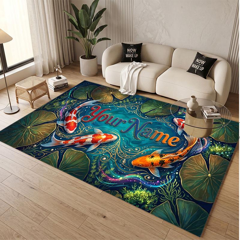 Koi Fish Theme Soft Crystal Velvet Rug Custom Name & Text Print Non Slip Floor Rug for Bedroom Living Room