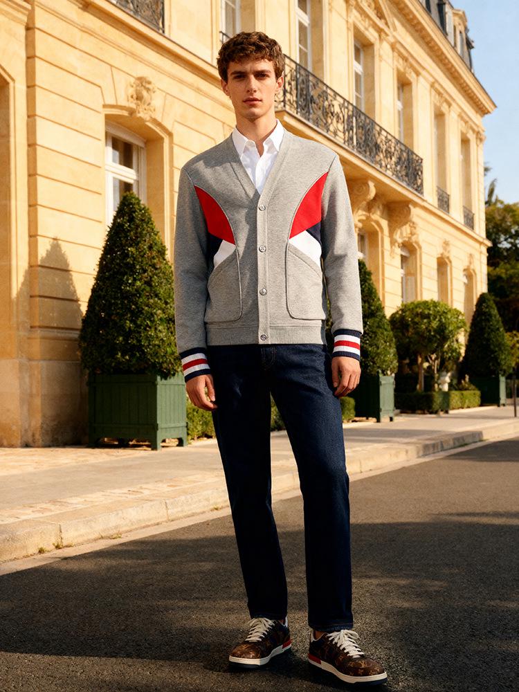 Spring & Autumn Cotton Cardigan: Trendy Red, White & Blue Patchwork Jacket for Couples (B05)