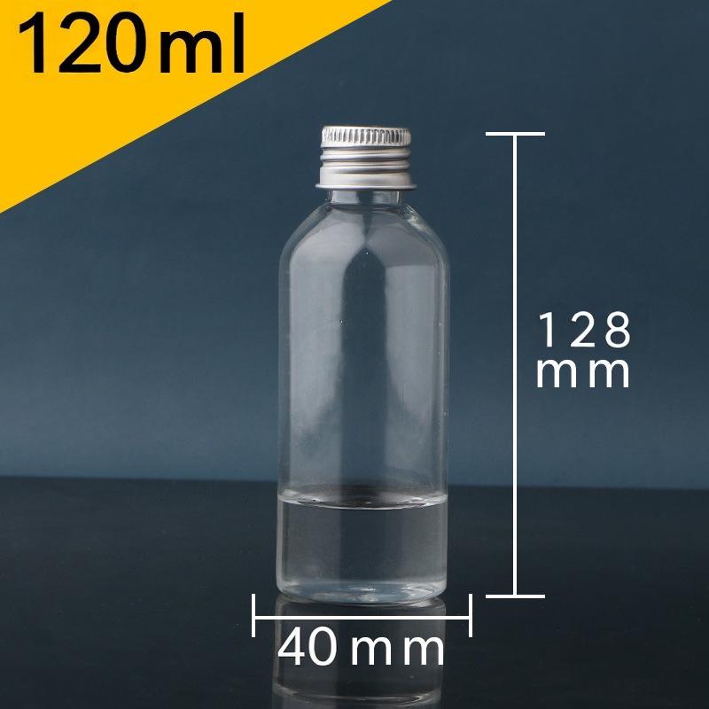 Transparente PET-Flasche mit Aluminiumkappe zur Flüssigkeitsabgabe, 10-100 ml, mit versiegeltem Deckel für Lotionen