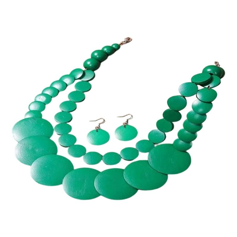 Round Disc Statement Necklace with Earrings Double-layer Design, Wood-Look Finish Fashion Jewelry Set for Party Styling