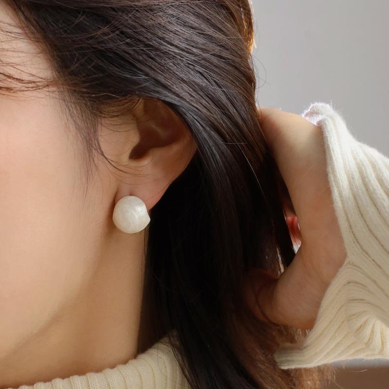 3D White Enamel Ball Earrings: Korean Style, High-End Feel, Niche Design for Women.