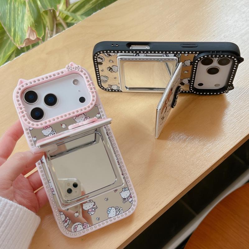 Ins Cute Double-Sided Rhinestone Full Screen KT Makeup Mirror for iPhone 17 Pro Max/16/15 Pro Max Cases.