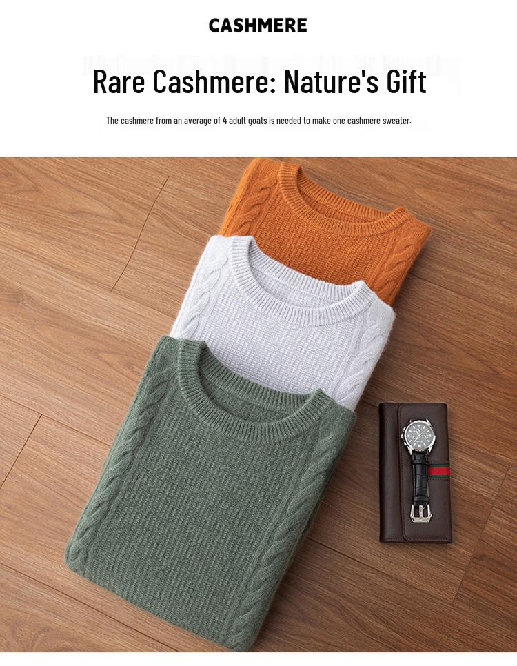 Men's Jacquard Knit Cashmere Sweater, Round Neck, Thickened for Autumn and Winter, Solid Color, Versatile Base Layer.