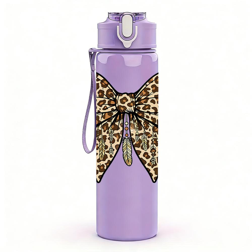 1PC Classic Leopard Print Bow 750ml Color Plastic Sports Water Bottle Leakproof Flip Straw Lid Suitable for Sports Office Home Use