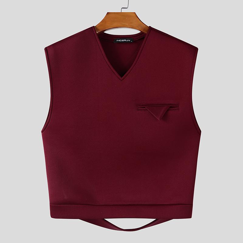 

INCERUN Мужской жилет с V-образным вырезом без рукавов, нерегулярной спинкой и короткой талией 5XL вино красного