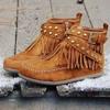 Autumn and winter new short fringed Martin boots women's large size belt buckle side zipper round head flat bottom short boots