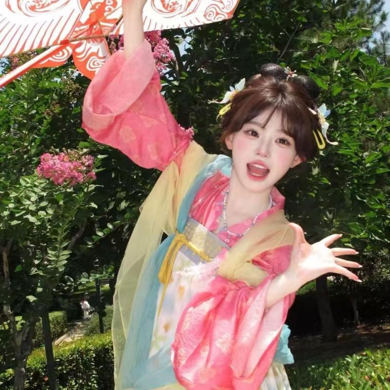 Womens Tang Dynasty Style Hanfu Set With Floral Jacquard Print Straight Sleeve Ruqun