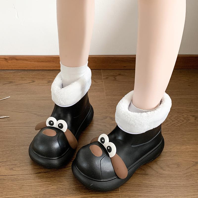 

Милые мультяшные хлопковые ботильоны до щиколотки с ЕВА подошвой Собачка , женские, зима 2025, теплые, с коротким плюшем, дождевые сапоги, мягкая подошва, нескользящие, водонепроницаемые ботильоны 39-40 чёрный