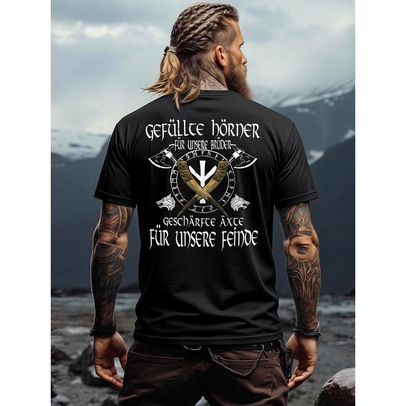 Viking Brotherhood Tee | Nordic Viking Apparel Featuring Stuffed Horns And Sharp Axes, Crew Neck, Slightly Stretchy Material, Fit, Casual Design,