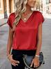 Women's Solid Color Satin V-neck T-shirt - Spring/Summer European & American Fashion Pullover Top