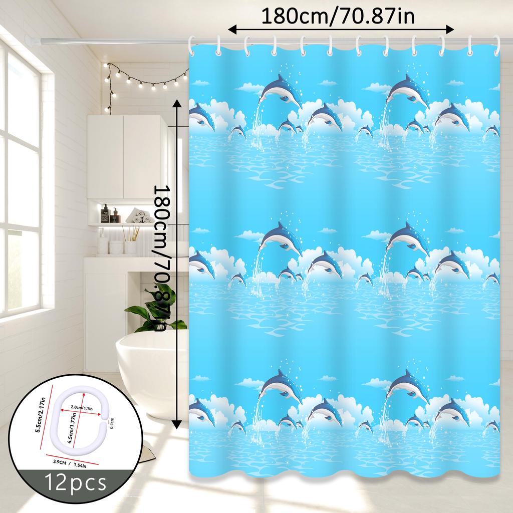 Dolphin Print Cartoon Shower Curtain, Ocean-Themed Bathroom Curtain, Cute Curtain for Parent-Child Room Bathroom