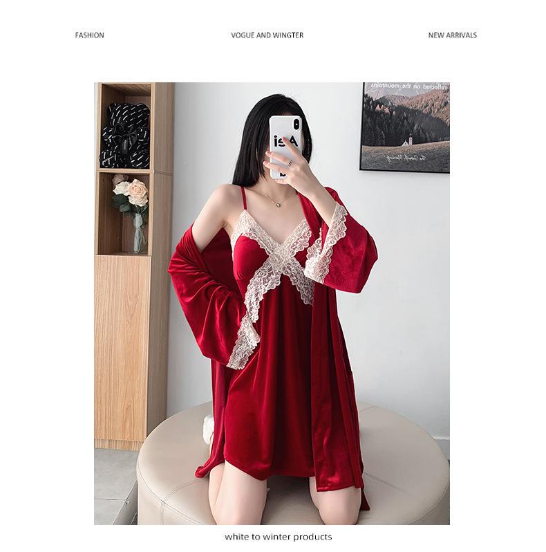 Autumn & Winter Sexy Gold Velvet Pajamas - Women's Lace Camisole Nightdress