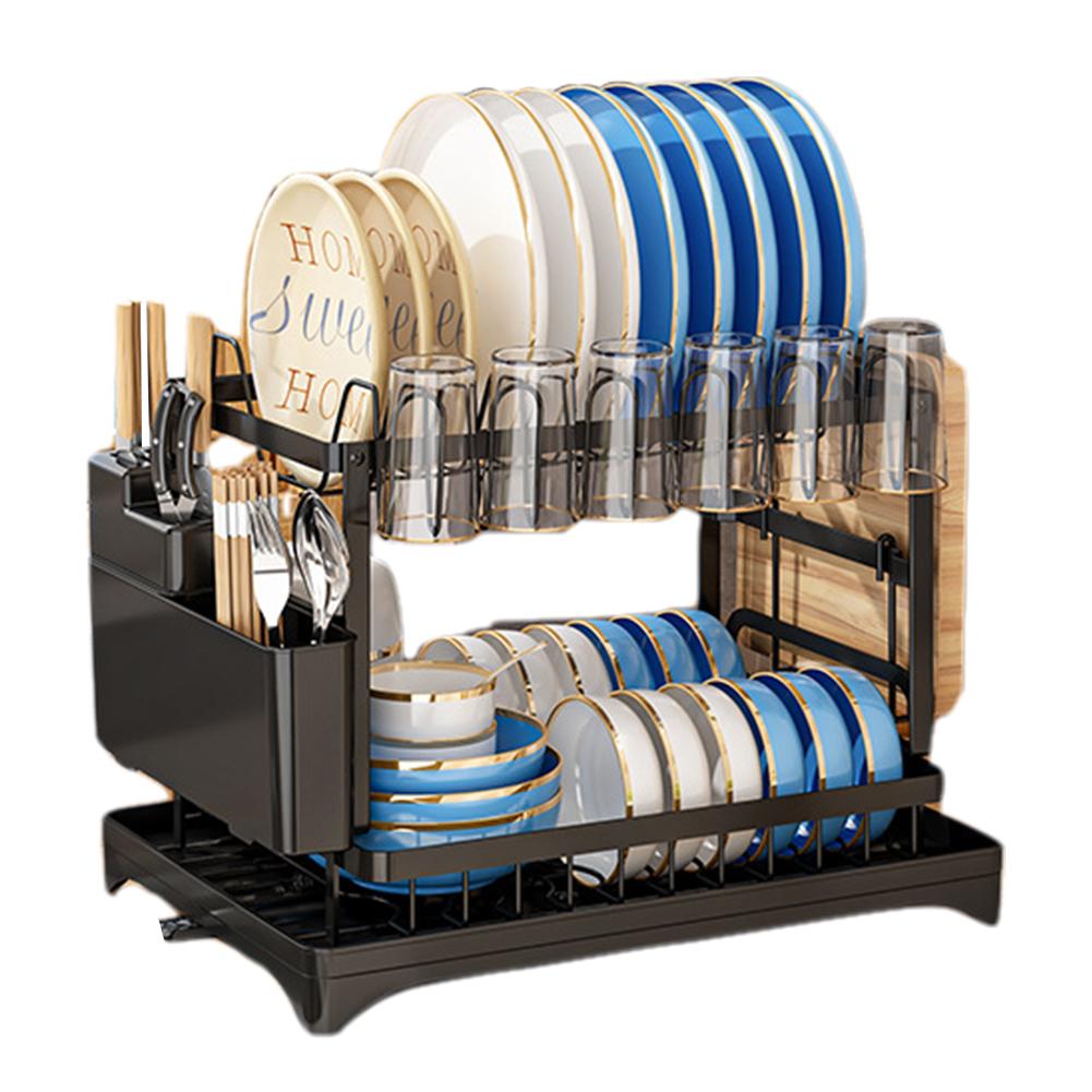 

2-ярусный настольный органайзер для посуды с поддоном для стекания и корзиной для слива, сушилка для посуды, органайзер для мисок, палочек для еды, ложек чёрный