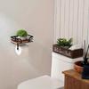 Wall mounted forged iron tissue holder with recycled wooden storage rack - space saving bathroom organizer