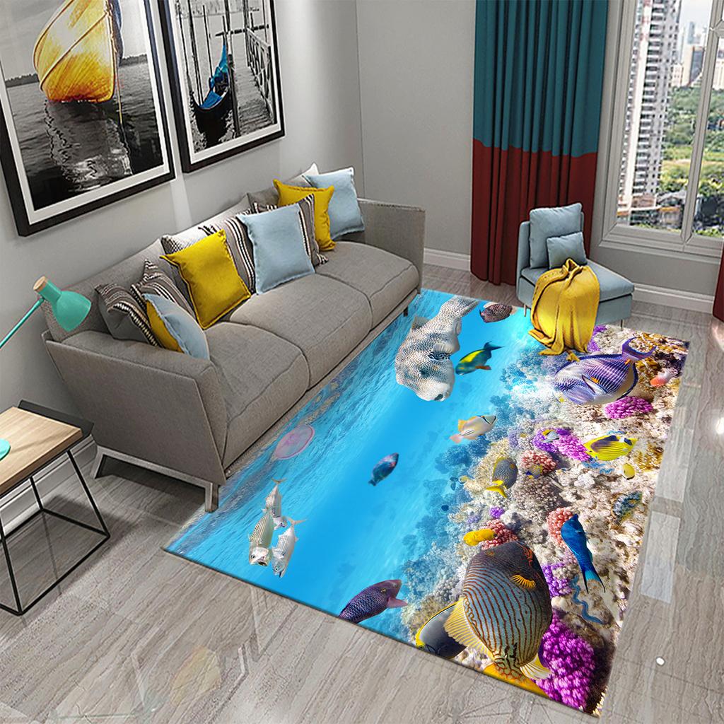 Underwater World Ocean Theme Carpet Cute Dolphin Octopus Sea Turtle Pattern Anti-slip Floor Mat for Living Room Bedroom Bathroom