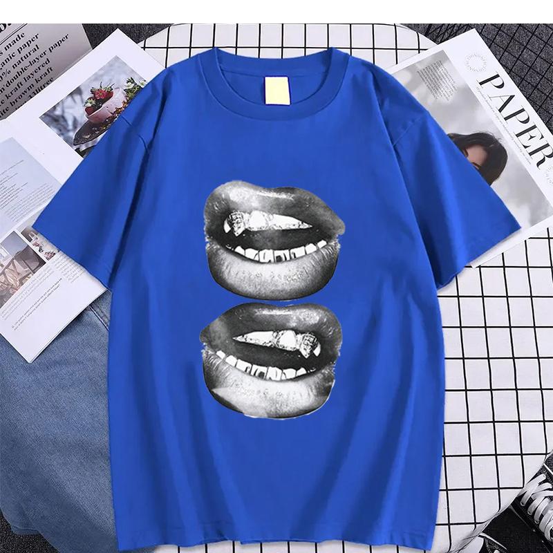 Retro Simple Sexy Lips Print Summer Cotton T-Shirt Fashion Men Clothing Fashion Tops Tees Men Casual Solid Color Streetwear Tops